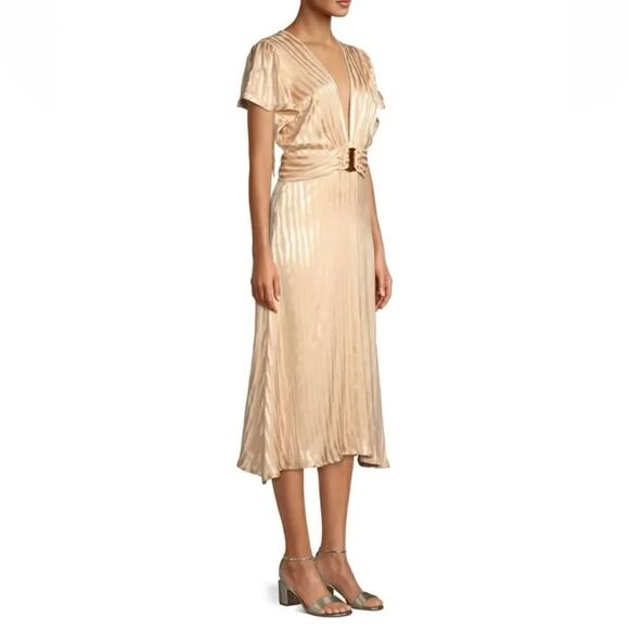 NWT womens AZULU golden stripes lesedi midi v neck ring ruffle dress size 2 - Picture 1 of 14